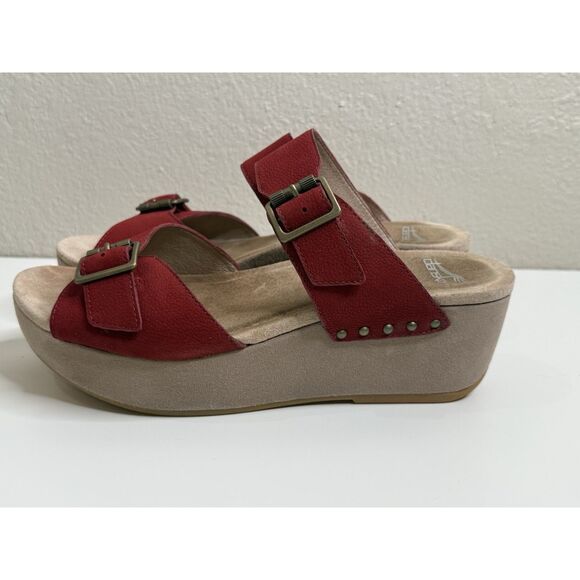 Dansko Selma Leather Red Wedge Platform Shoes 2 Buckled Straps Sandals Size 40 - Picture 6 of 14